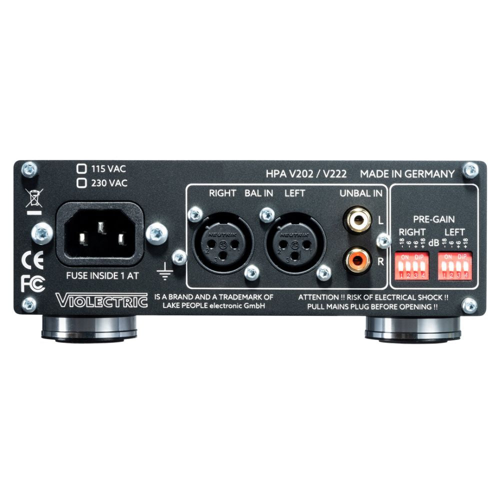 Rear ports view of Violectric HPA V202 Headphone Amplifier on white background
