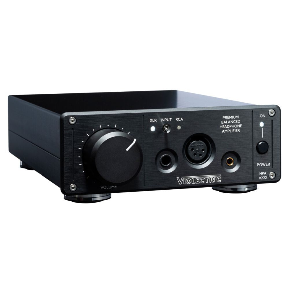Angled front view of Violectric HPA V222 Headphone Amplifier on white background