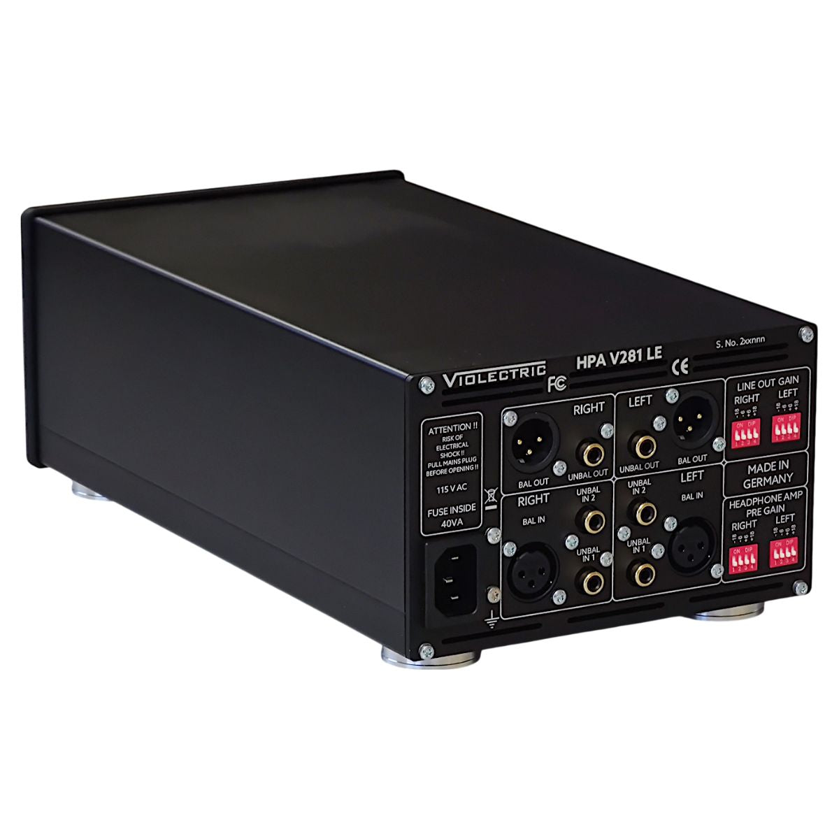 Angled rear ports view of Violectric HPA V281 Headphone Amplifier on white background