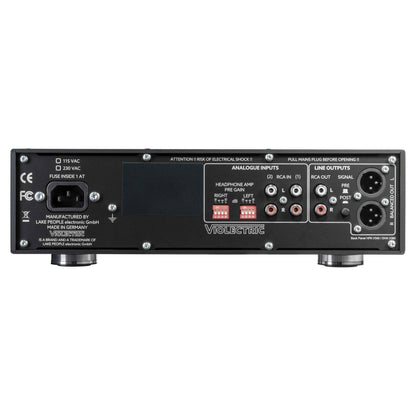 Rear ports view of Violectric HPA V340 Headphone Amplifier on white background