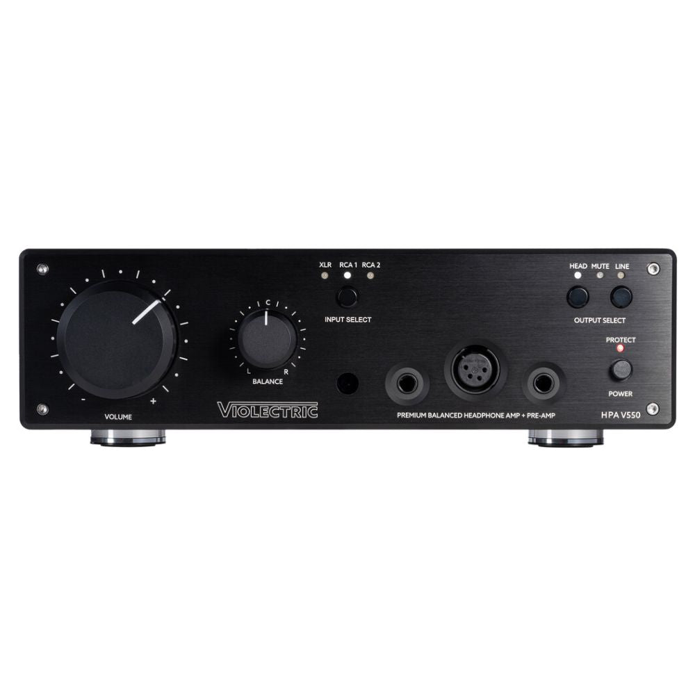 Front view of Violectric HPA V550 Headphone Amplifier on white background