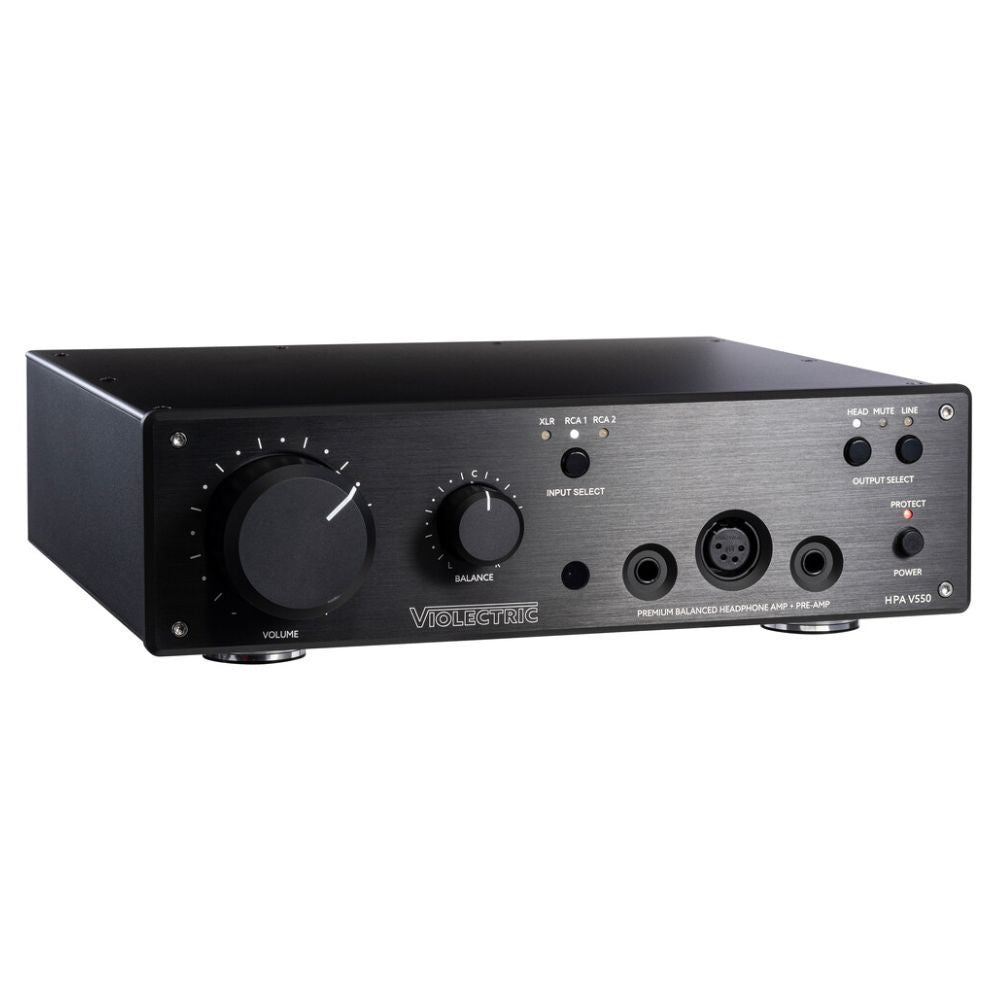 Angled view of Violectric HPA V550 Headphone Amplifier on white background