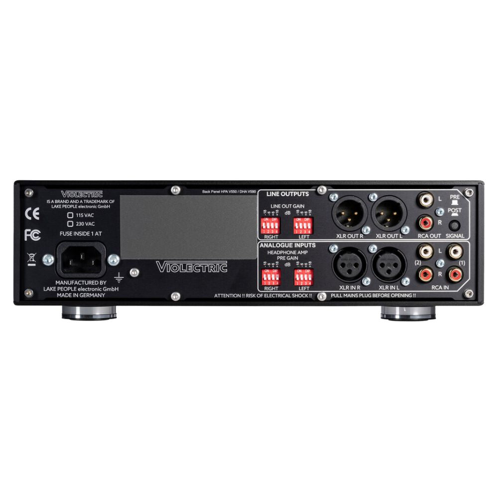 Rear ports view of Violectric HPA V550 Headphone Amplifier on white background