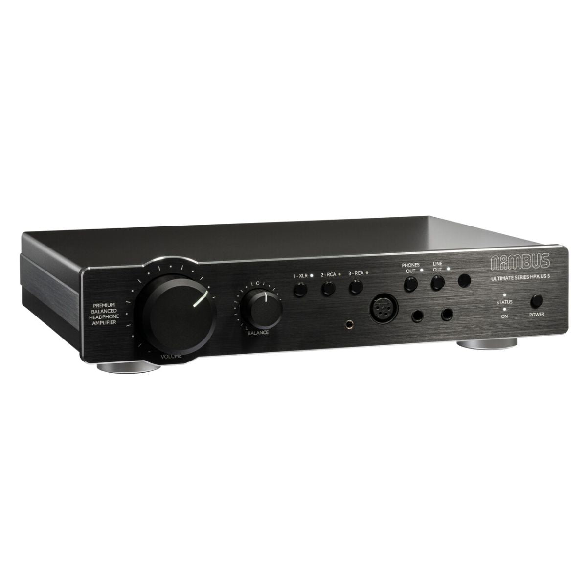 Angled view of Violectric Niimbus US 5 Headphone Amplifier on white background