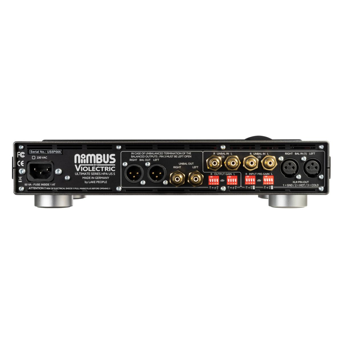 Rear ports view of Violectric Niimbus US 5 Headphone Amplifier on white background