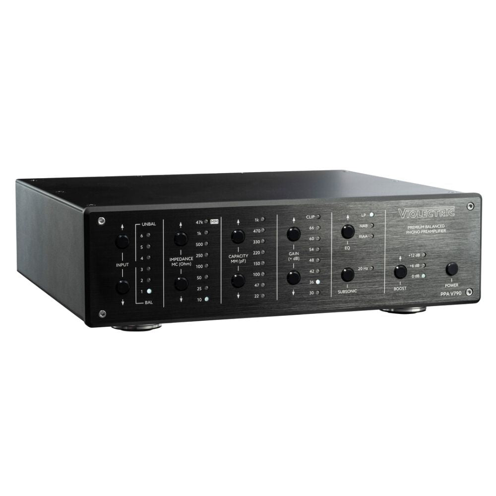 Angled view of Violectric PPA V790 Phono Preamplifier on white background