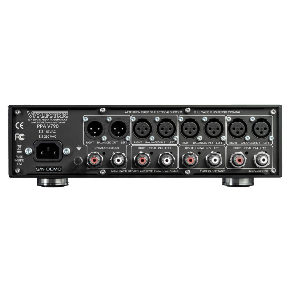 Rear ports view of Violectric PPA V790 Phono Preamplifier on white background