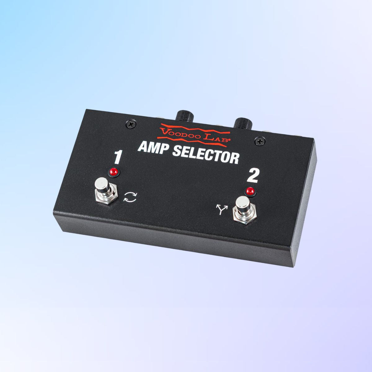 Angled view of Voodoo Lab Amp Selector ABY Switcher Pedal on blue gradient background
