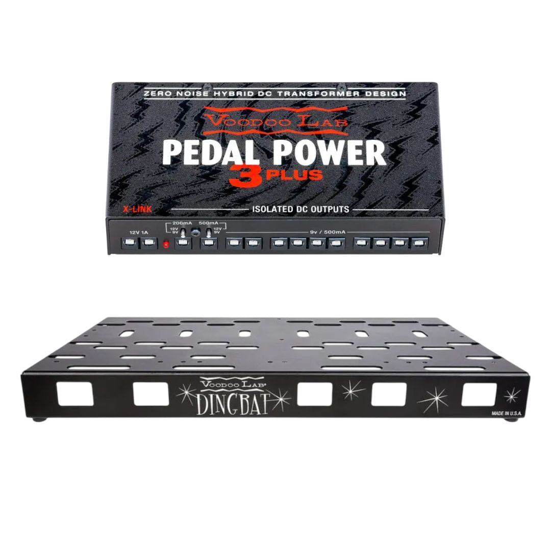 Front view of Voodoo Lab Dingbat Large Pedalboard and Pedal Power 3 PLUS on white background
