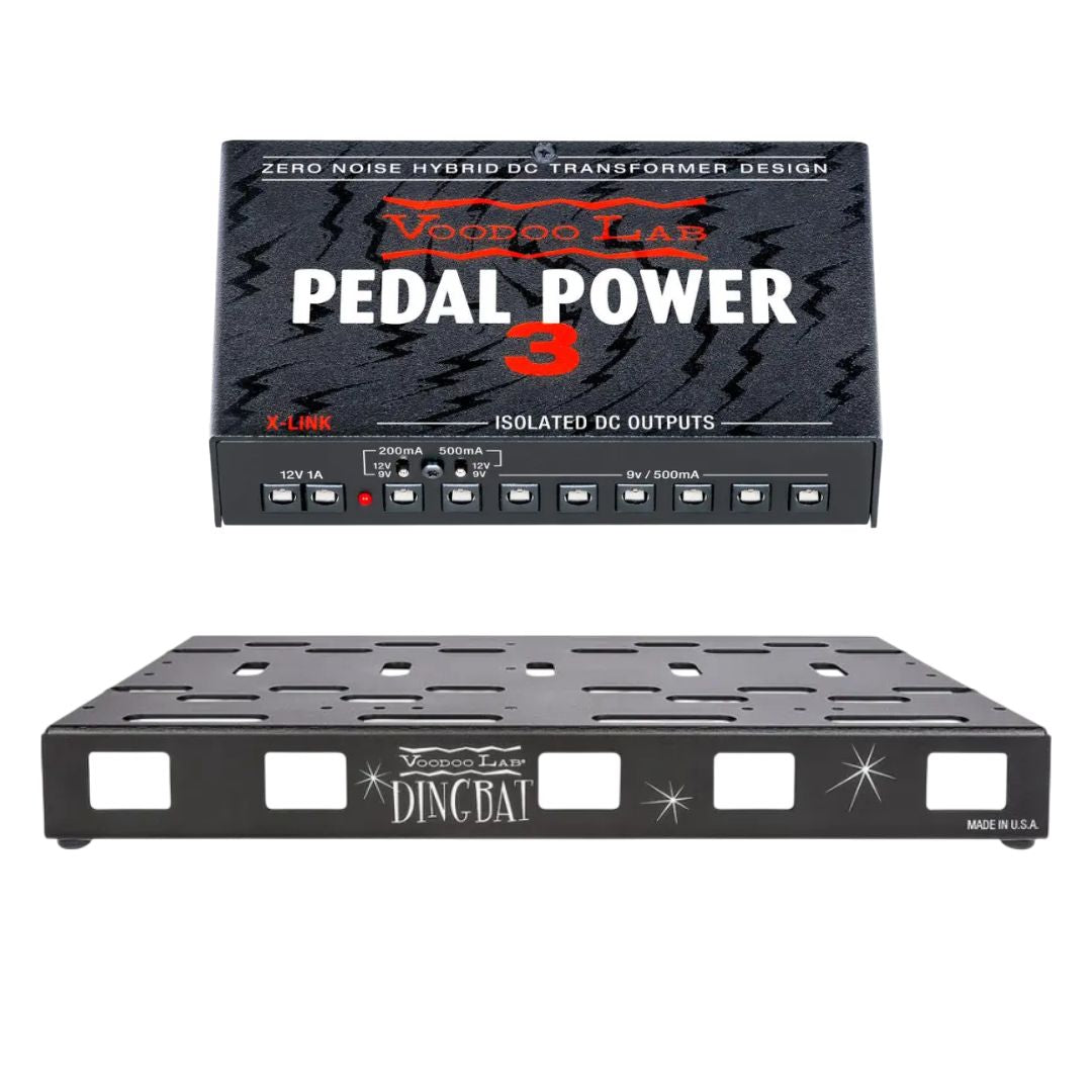 Front view of Voodoo Lab Dingbat Medium Pedalboard and Pedal Power 3 on white background