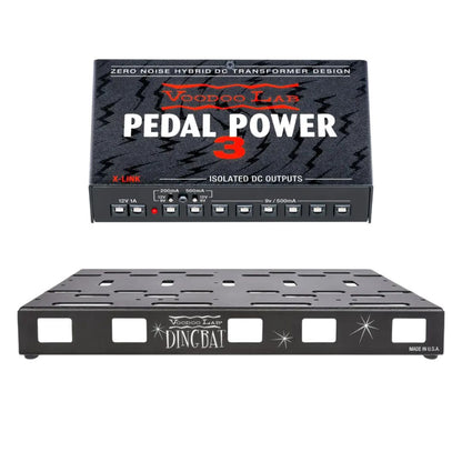 Front view of Voodoo Lab Dingbat Medium Pedalboard and Pedal Power 3 on white background