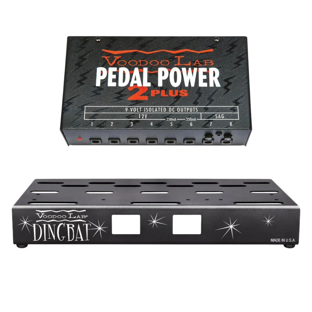 Front view of Voodoo Lab Dingbat Small-EX Pedalboard and Pedal Power 2 Plus on white background