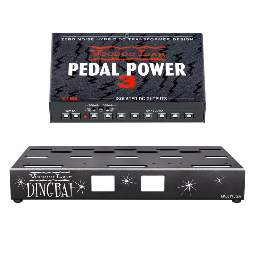 Front view of Voodoo Lab Dingbat Small-EX Pedalboard and Pedal Power 3 on white background