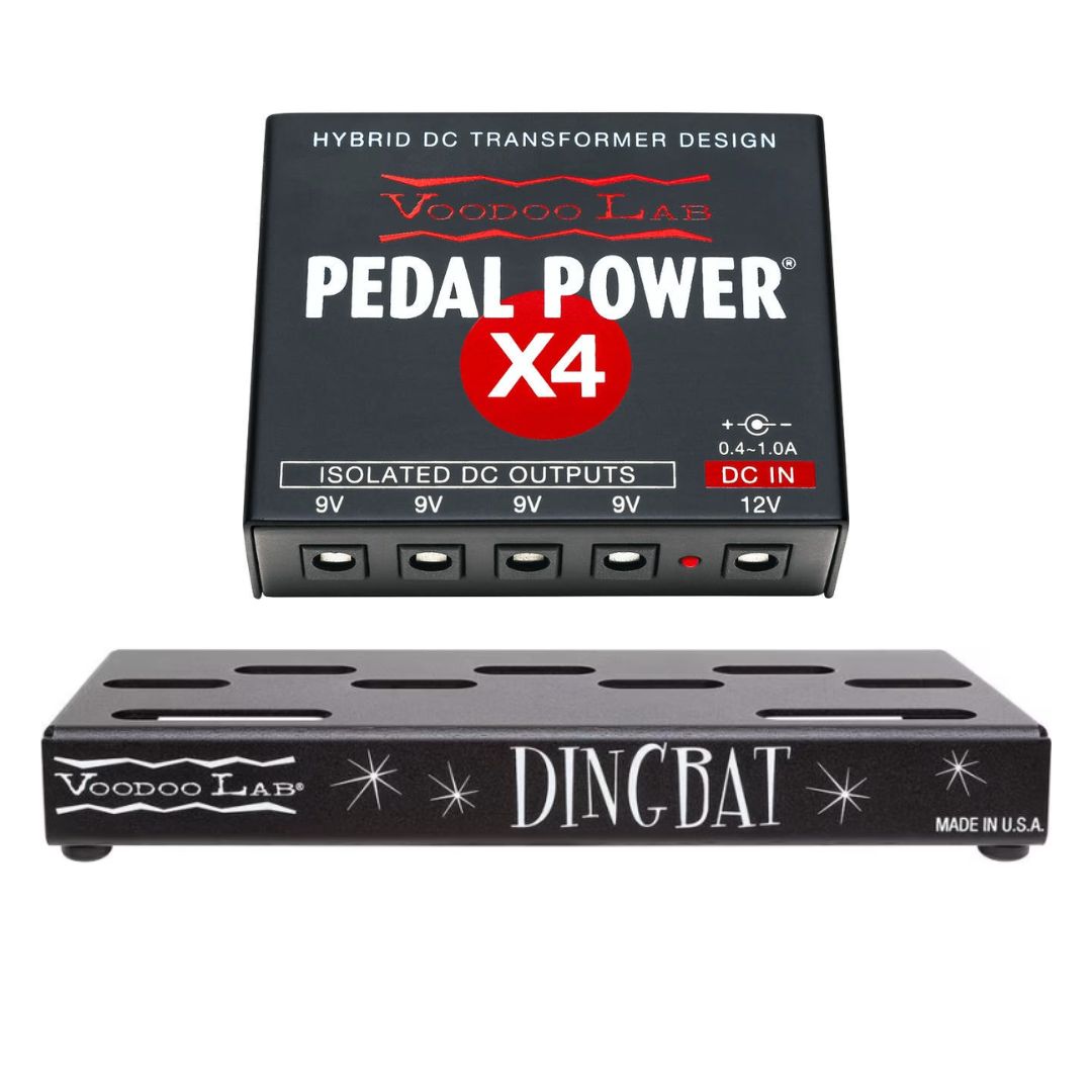 Front view of Voodoo Lab Dingbat TINY Pedalboard w/ Pedal Power X4 on white background