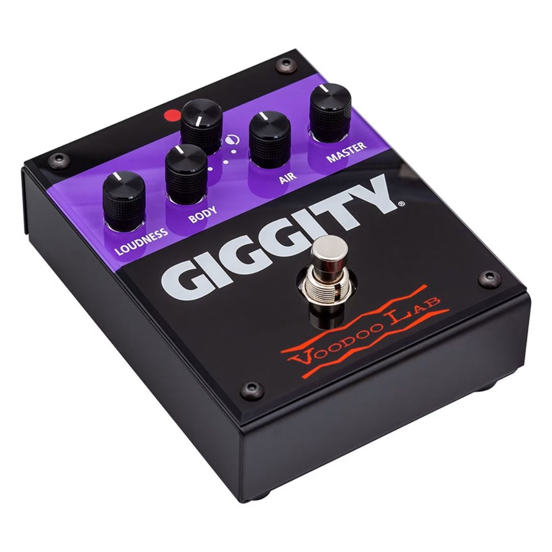 Angled front view of Voodoo Lab GIGGITY Overdrive + Preamp Pedal on white background