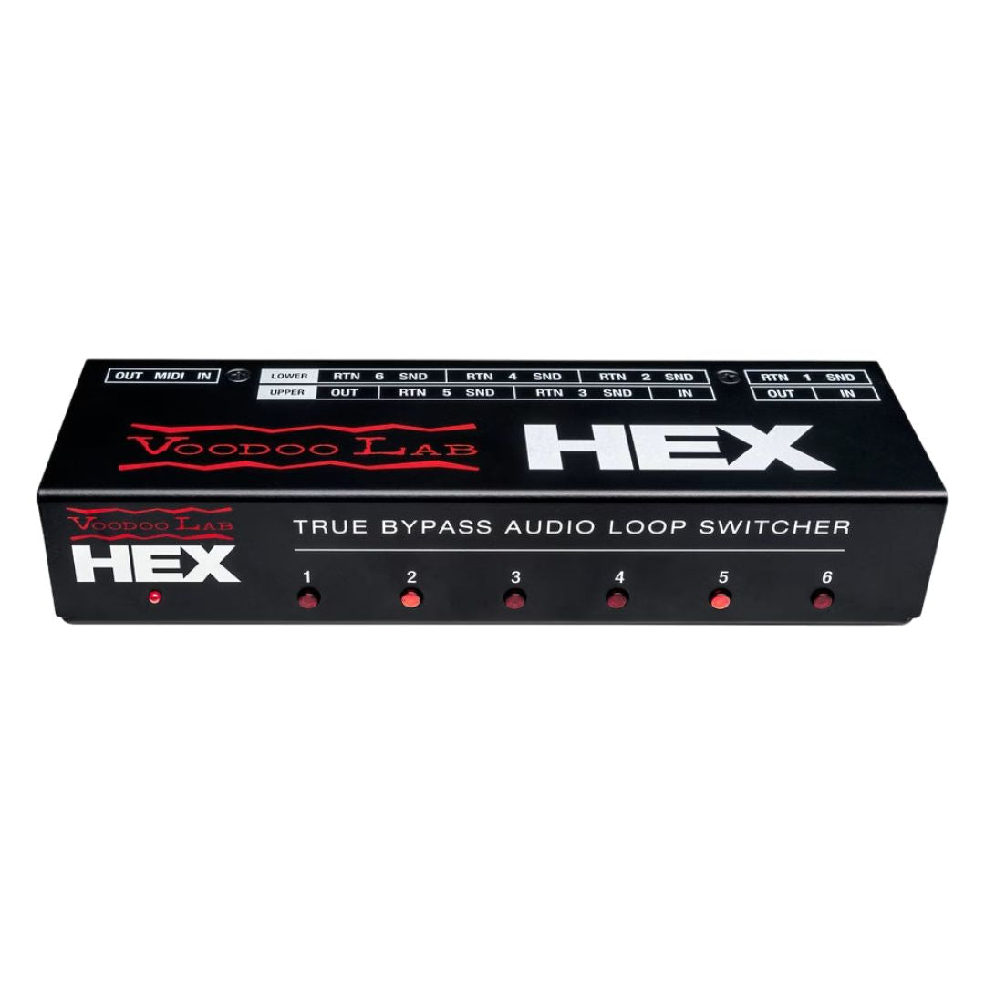 Angled front view of Voodoo Lab HEX True Bypass 6-Loop Audio Switcher on white background