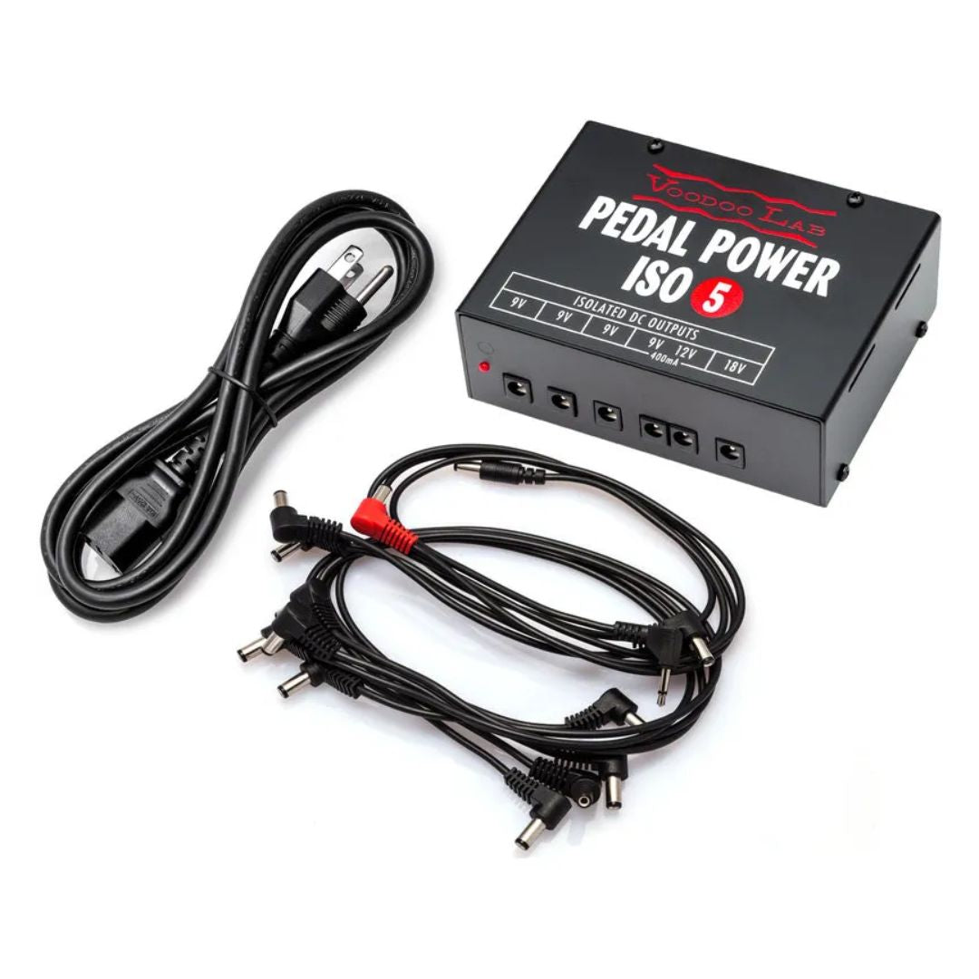 Top view of Voodoo Lab Pedal Power ISO-5 with included cables on white background