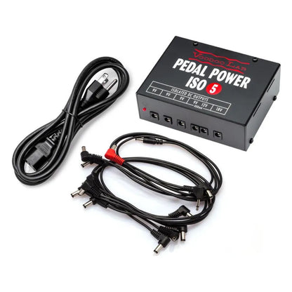 Top view of Voodoo Lab Pedal Power ISO-5 with included cables on white background