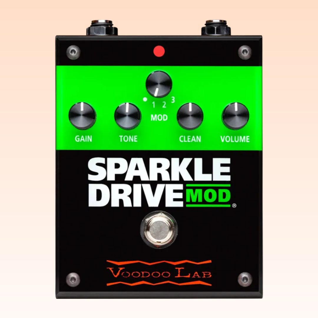 Top view of Voodoo Lab Sparkle Drive MOD Pedal on orange background
