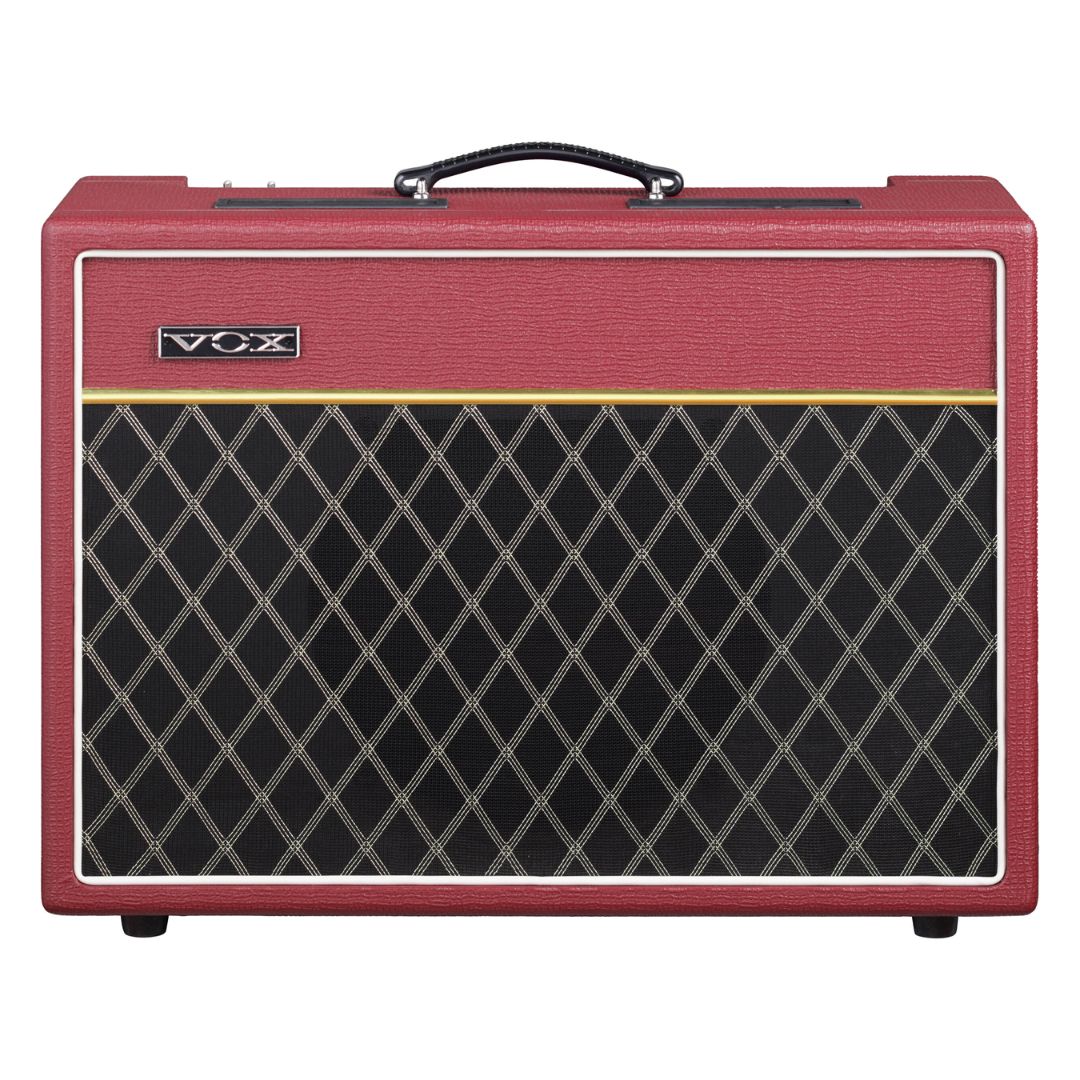 Front view of Vox AC15 Custom Tube Guitar Amplifier Classic Vintage Red on white background