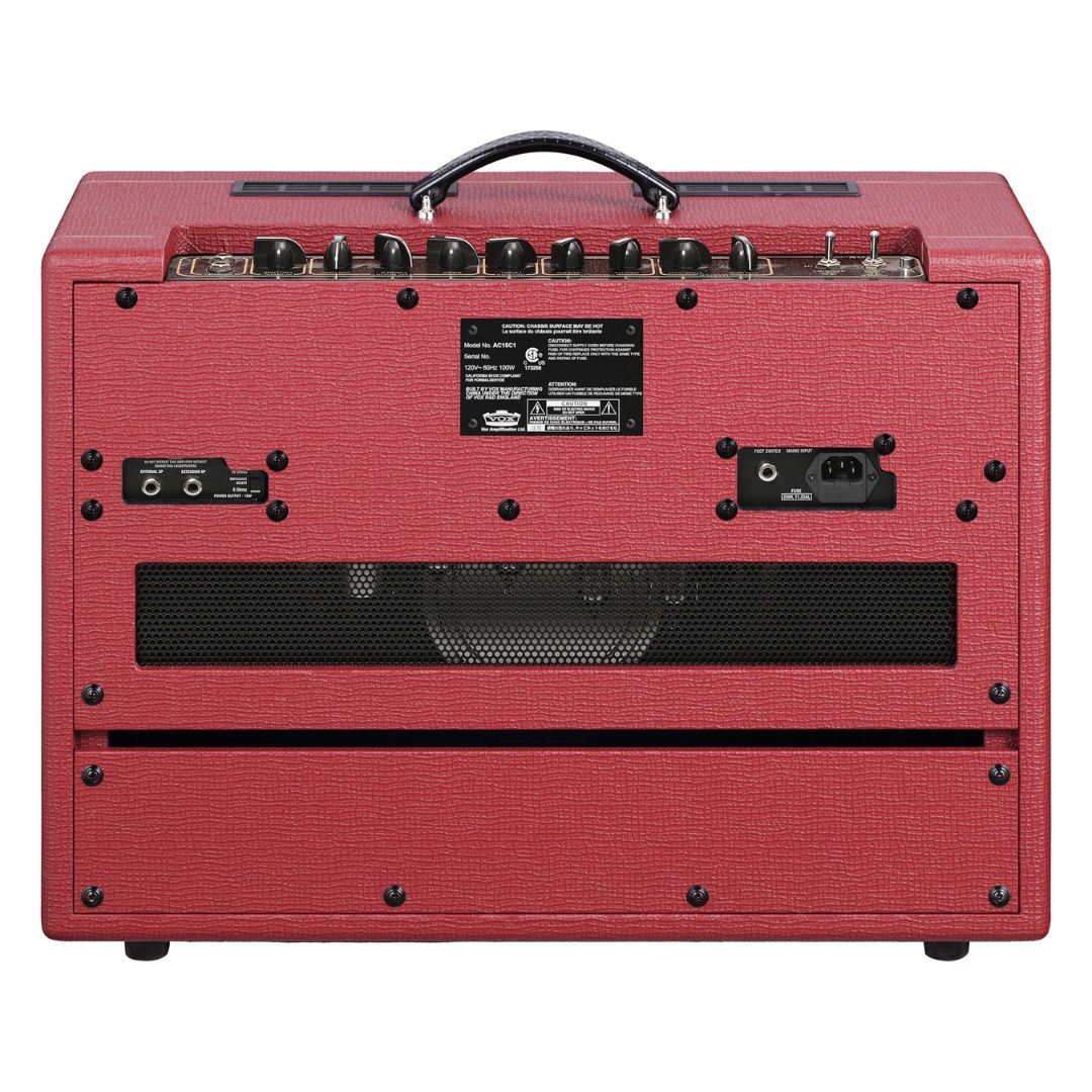 Rear view of Vox AC15 Custom Tube Guitar Amplifier Classic Vintage Red on white background