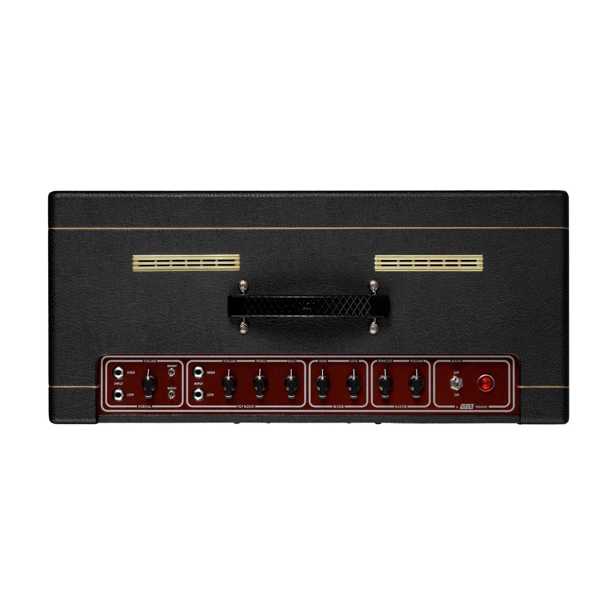 Top control panel view of Vox AC15 Hand-Wired Greenback Guitar Amplifier on white background