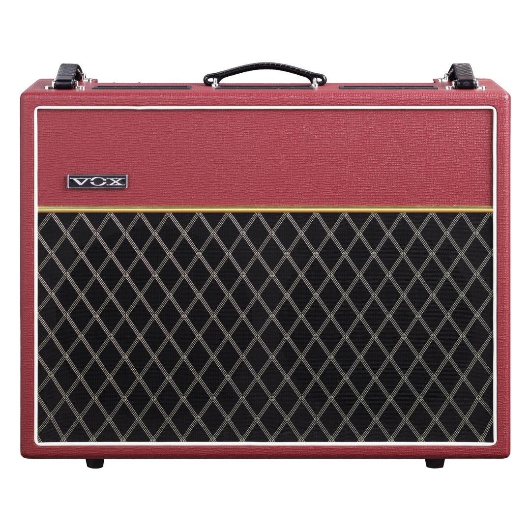 Front view of Vox AC30 Custom Valve Guitar Amplifier Classic Vintage Red on white background