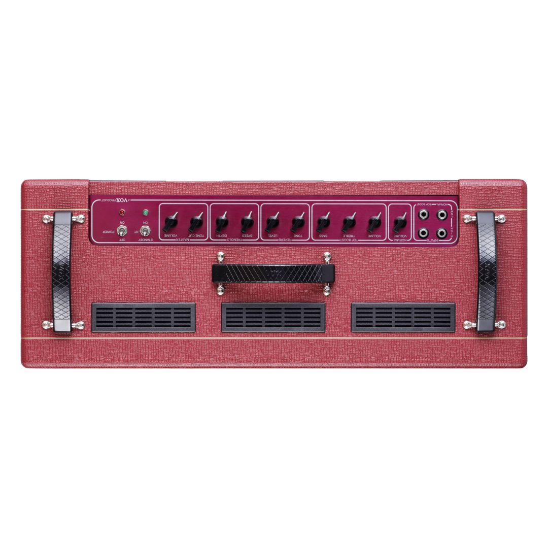 Top view of Vox AC30 Custom Valve Guitar Amplifier Classic Vintage Red on white background