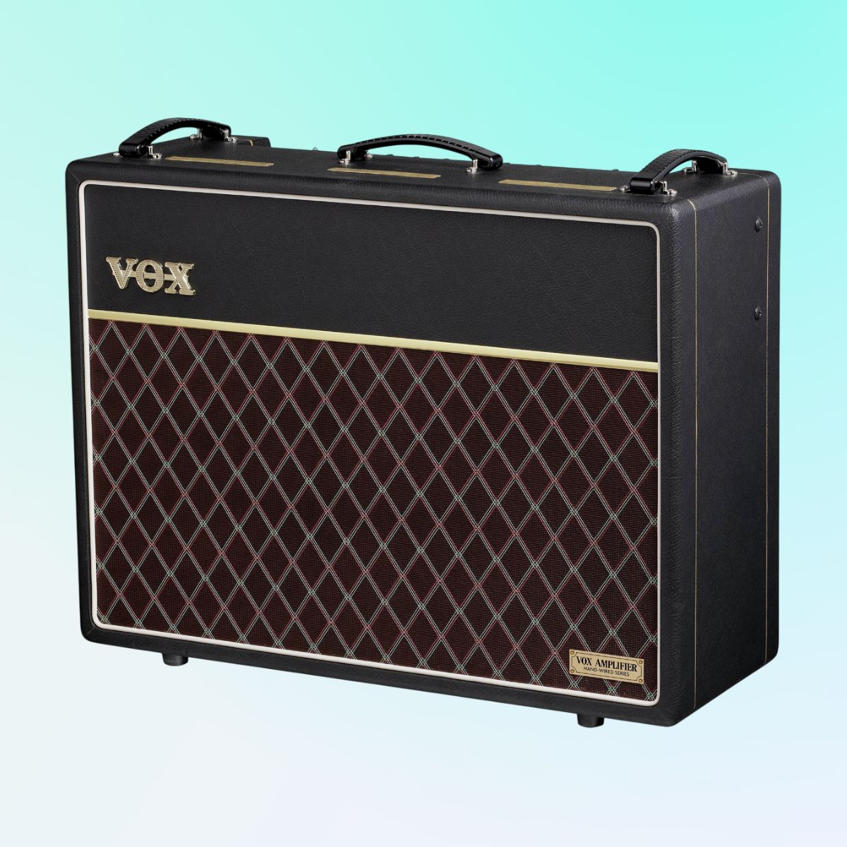 Angled front view of Vox AC30 Hand-Wired Greenback Guitar Amplifier on blue background