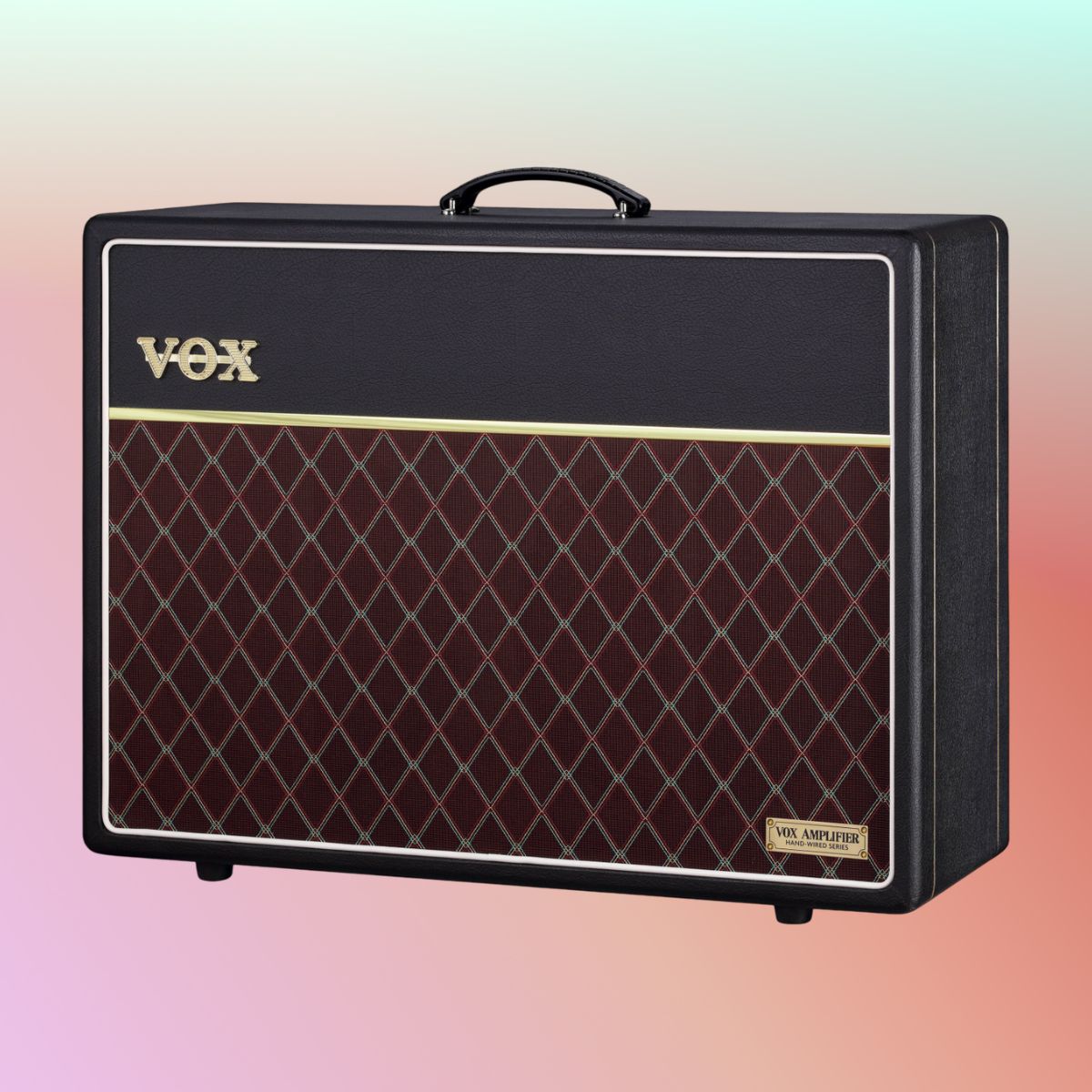 Angled front view of Vox AC Hand-Wired 2x12" Cabinet on red gradient background