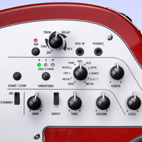 Close up view of Vox APC-1 Electric Guitar Metallic Red built-in effects on purple background