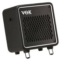 Angled view of tilted Vox MINI GO 10 Portable Modeling Guitar Amplifier on white background
