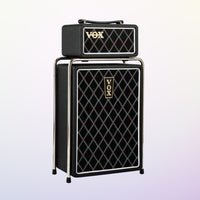 Angled front view of Vox Mini Superbeetle Bass Tube Amplifier Stack on purple background