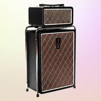 Angled front view of Vox Mini Superbeetle Guitar Amplifier Stack on yellow and pink gradient background