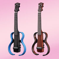 Side by side angled front view of Vox VFU-1 Ukulele Flame Maple Blue and Vox VFU-1 Ukulele Rosewood on pink background