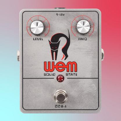 Front view of WEM Custom Copicat Preamp+Boost Pedal on blue and red gradient background