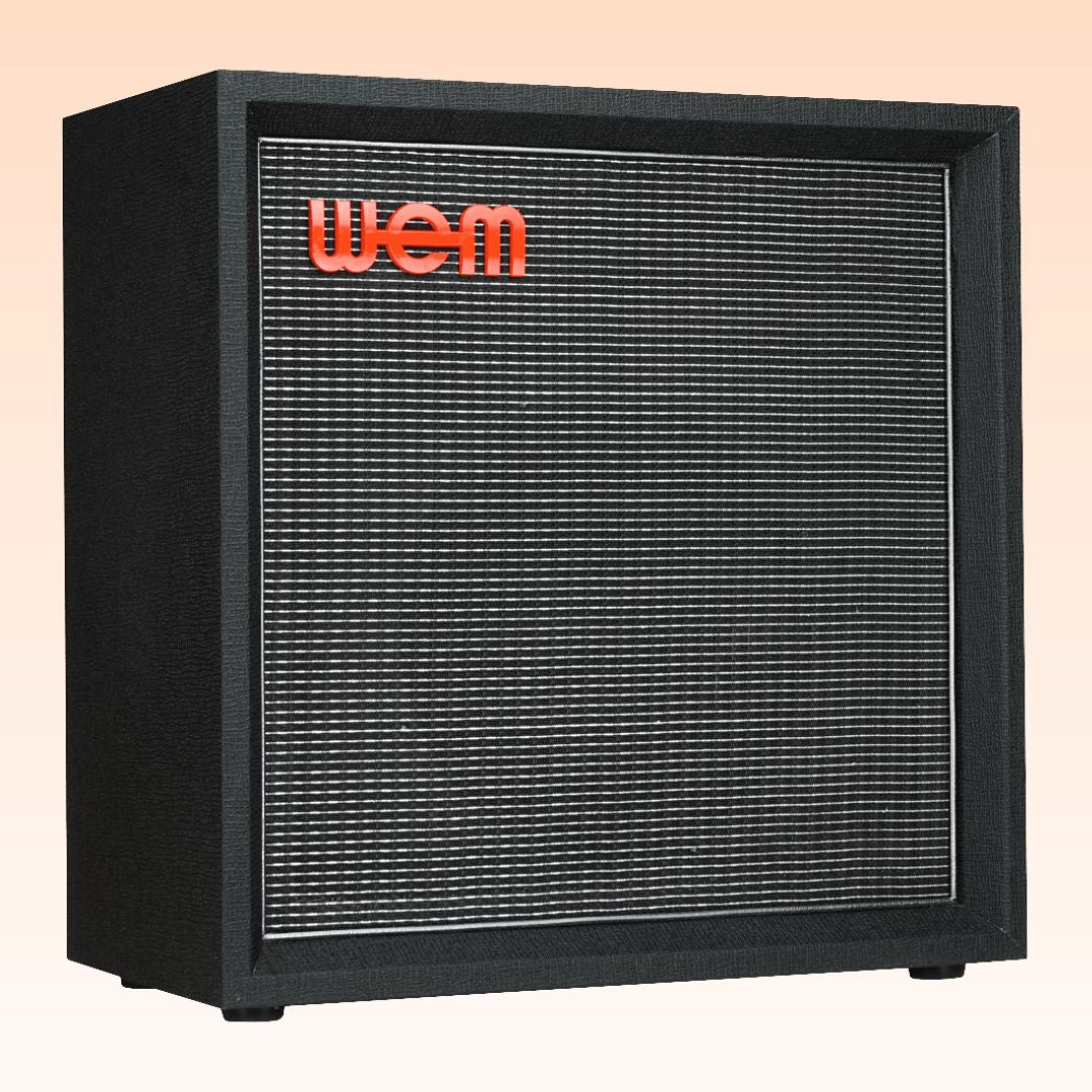 Angled front view of WEM Silver Starfinder 112 Speaker Cabinet on orange background