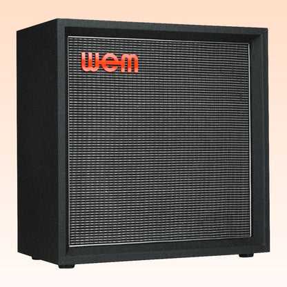 Angled front view of WEM Silver Starfinder 112 Speaker Cabinet on orange background