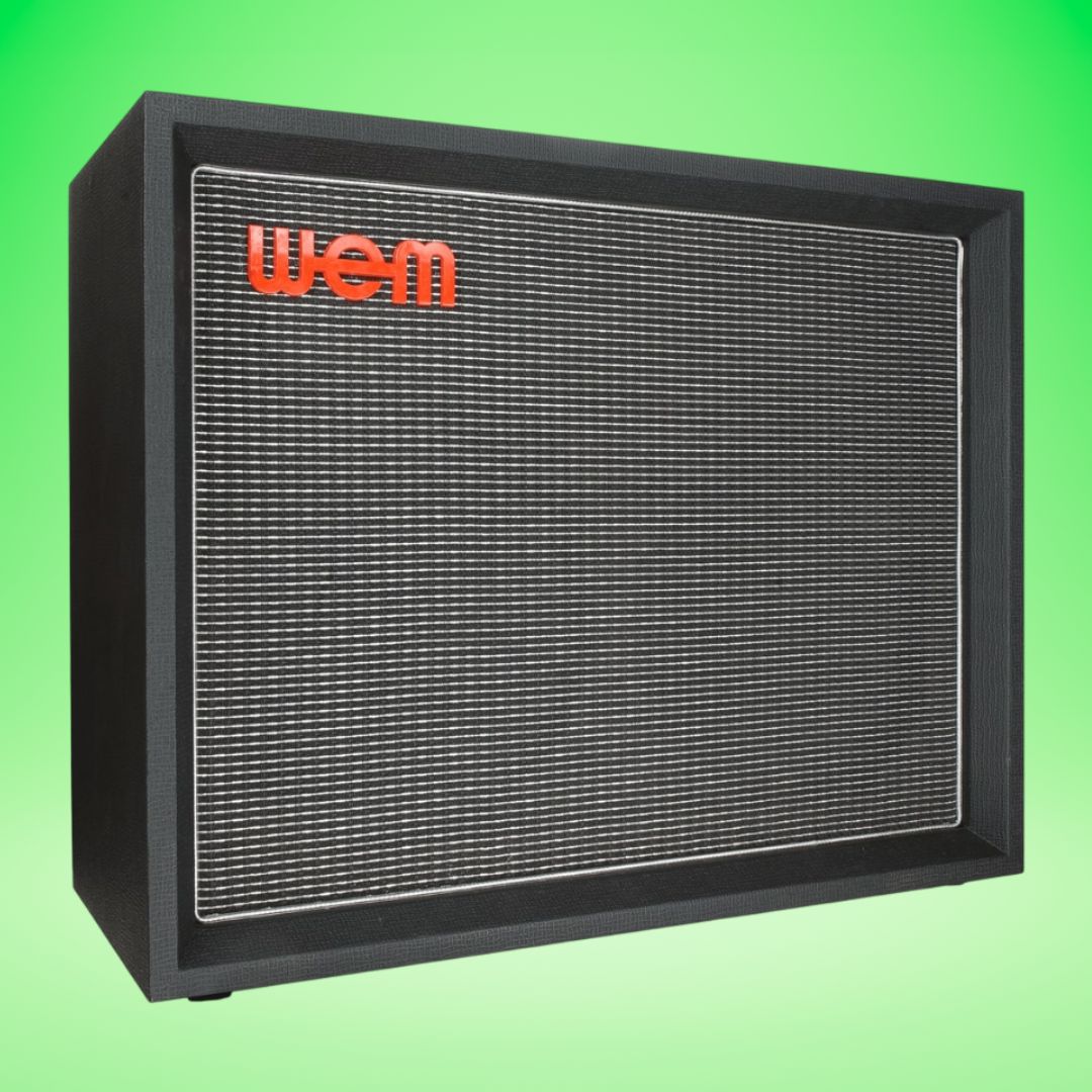 Angled front view of WEM Silver Starfinder 212 Speaker Cabinet Standard on green background