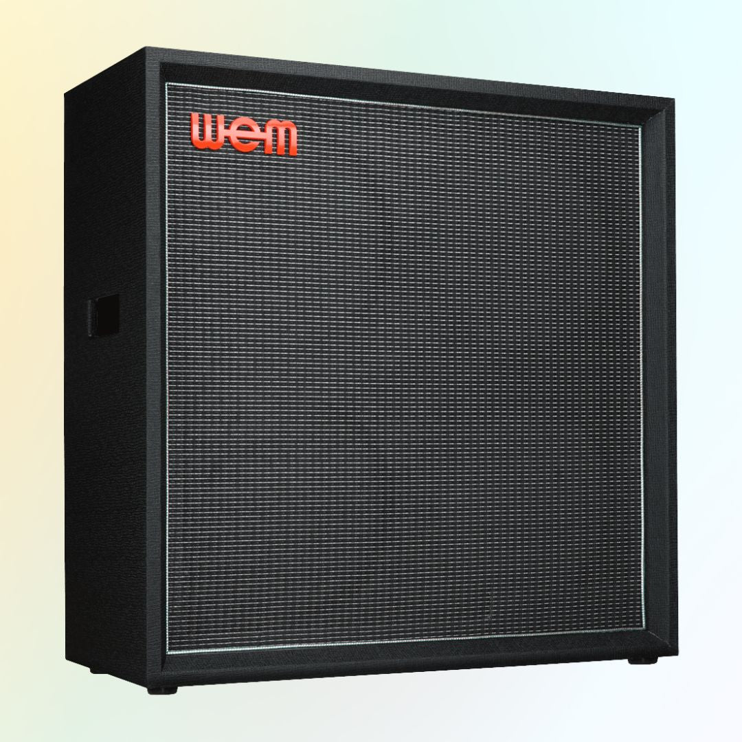 Angled front view of WEM Silver Starfinder 412 Speaker Cabinet on yellow and blue background