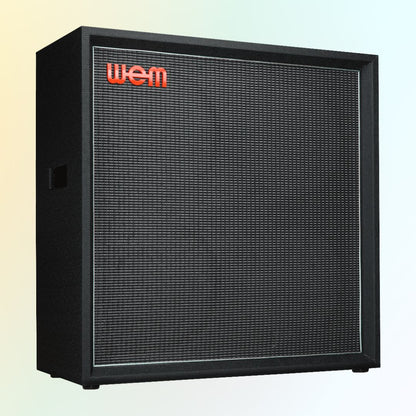 Angled front view of WEM Silver Starfinder 412 Speaker Cabinet on yellow and blue background