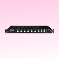 Black audio equipment on a pink background
