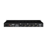 Black audio equipment rack with various connectors on a white background