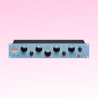 Audio equalizer with black knobs on a pink background