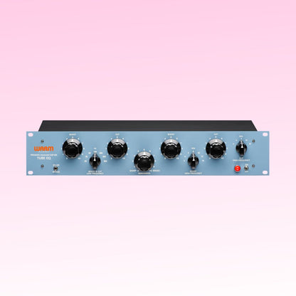Audio equalizer with black knobs on a pink background