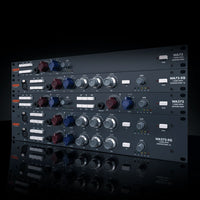 Stack of audio equipment modules with knobs and labels on a black background