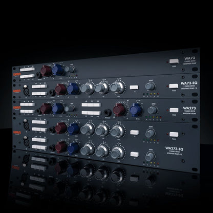 Four black rackmount effects stacked on top of one another with black background