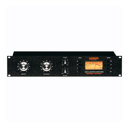 Black audio amplifier with control knobs and a display on a white background