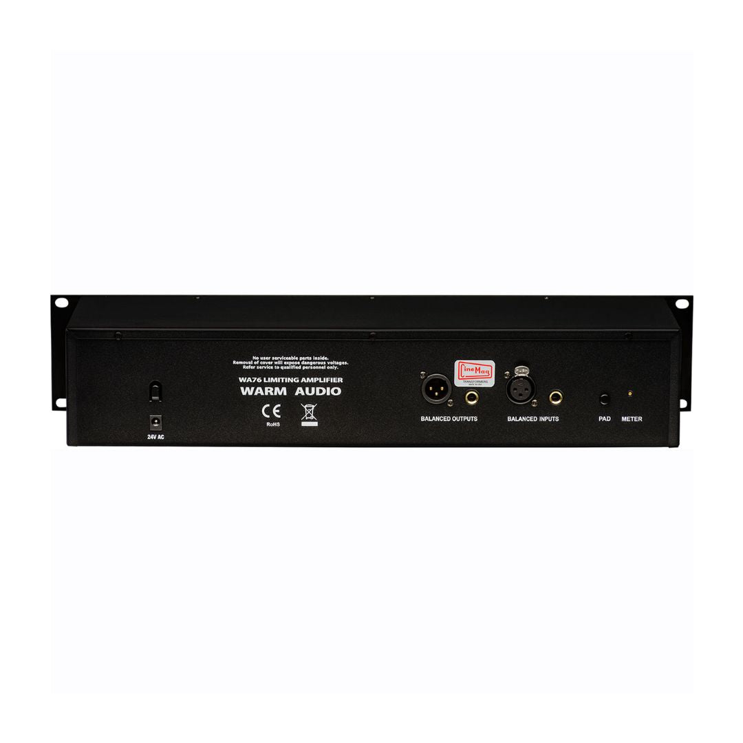 Back panel of a Warm Audio WA-76 lightning amplifier on a white background