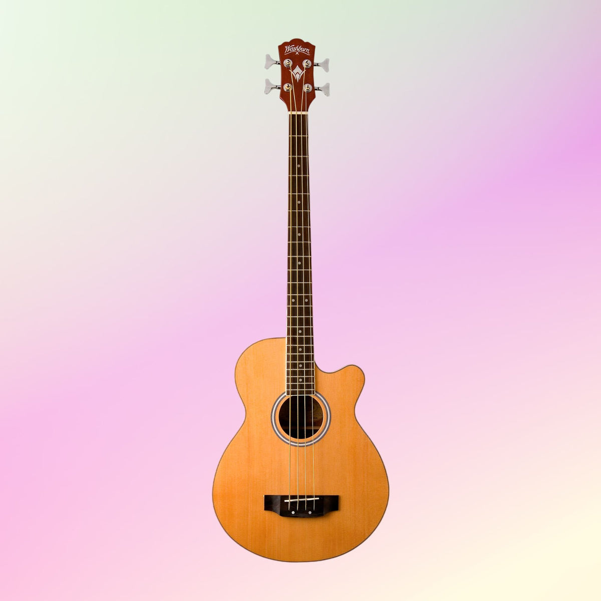 Front view of Washburn AB5 Cutaway Acoustic Electric Bass Guitar (Natural) on yellow and pink gradient background